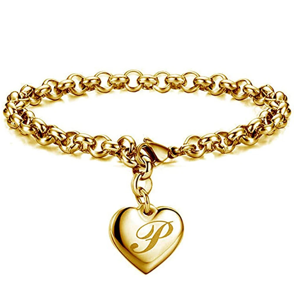 Goldfarbenes A-Z Initialen-Herzarmband für Damen – Edelstahl Gliederarmband mit 26 Gravierten Buchstaben, Personalisiertes Schmuckgeschenk