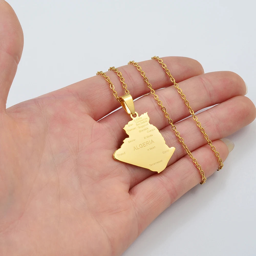 Algerien-Landkarte mit Städten Halskette – Algerischer Länder-Karten-Anhänger mit Kette, Heimat-, Kultur- & Reiseschmuck