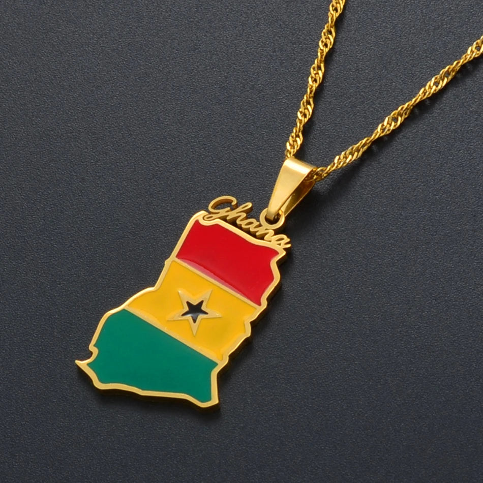 Ghana Landkarten-Flaggen-Halskette – Ghanaischer Länder-Anhänger & Charm, Heimat- und Kulturschmuck für Damen & Herren