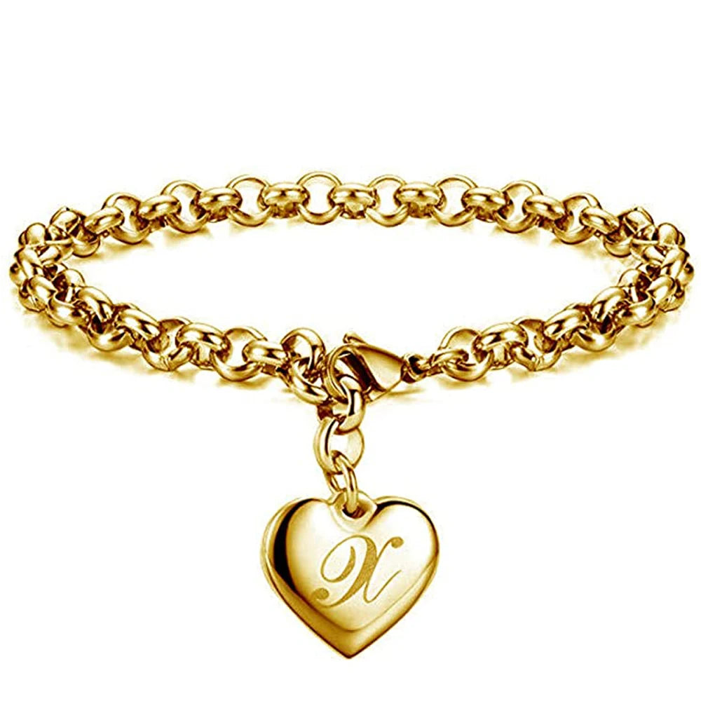 Goldfarbenes A-Z Initialen-Herzarmband für Damen – Edelstahl Gliederarmband mit 26 Gravierten Buchstaben, Personalisiertes Schmuckgeschenk