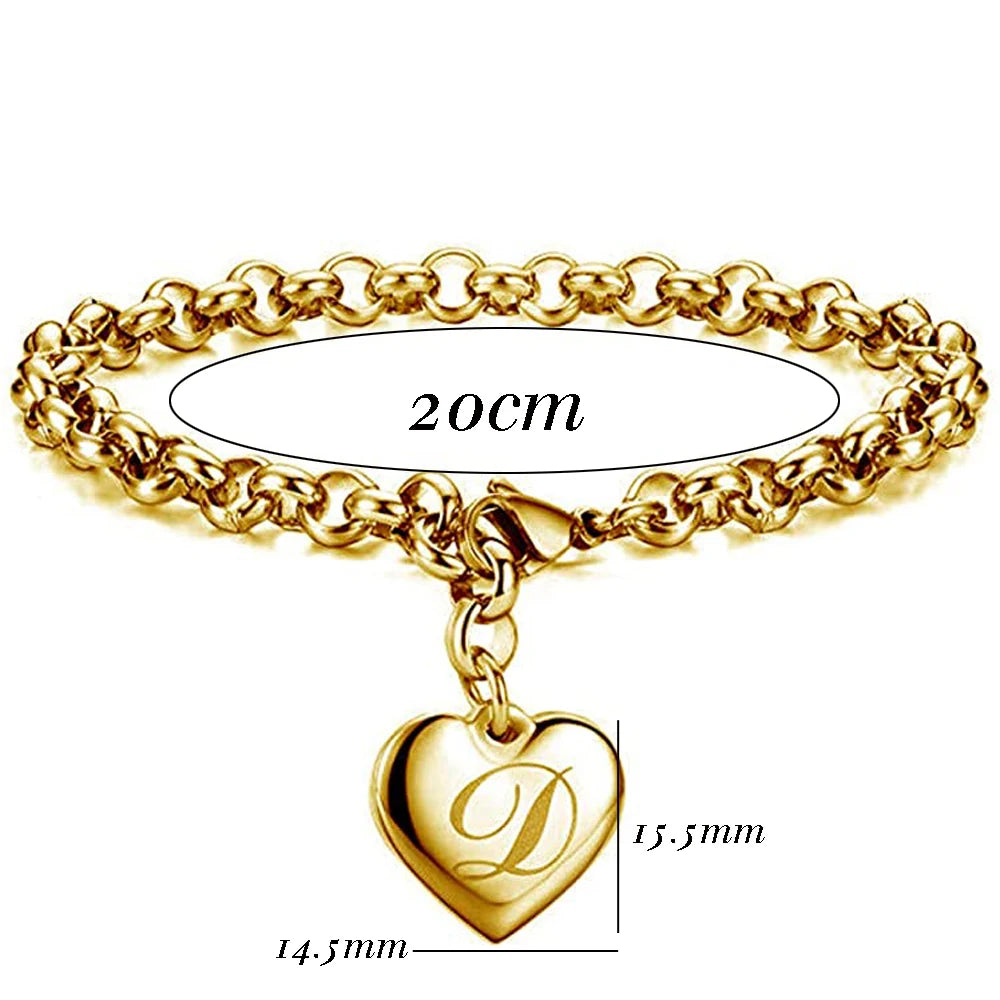 Goldfarbenes A-Z Initialen-Herzarmband für Damen – Edelstahl Gliederarmband mit 26 Gravierten Buchstaben, Personalisiertes Schmuckgeschenk
