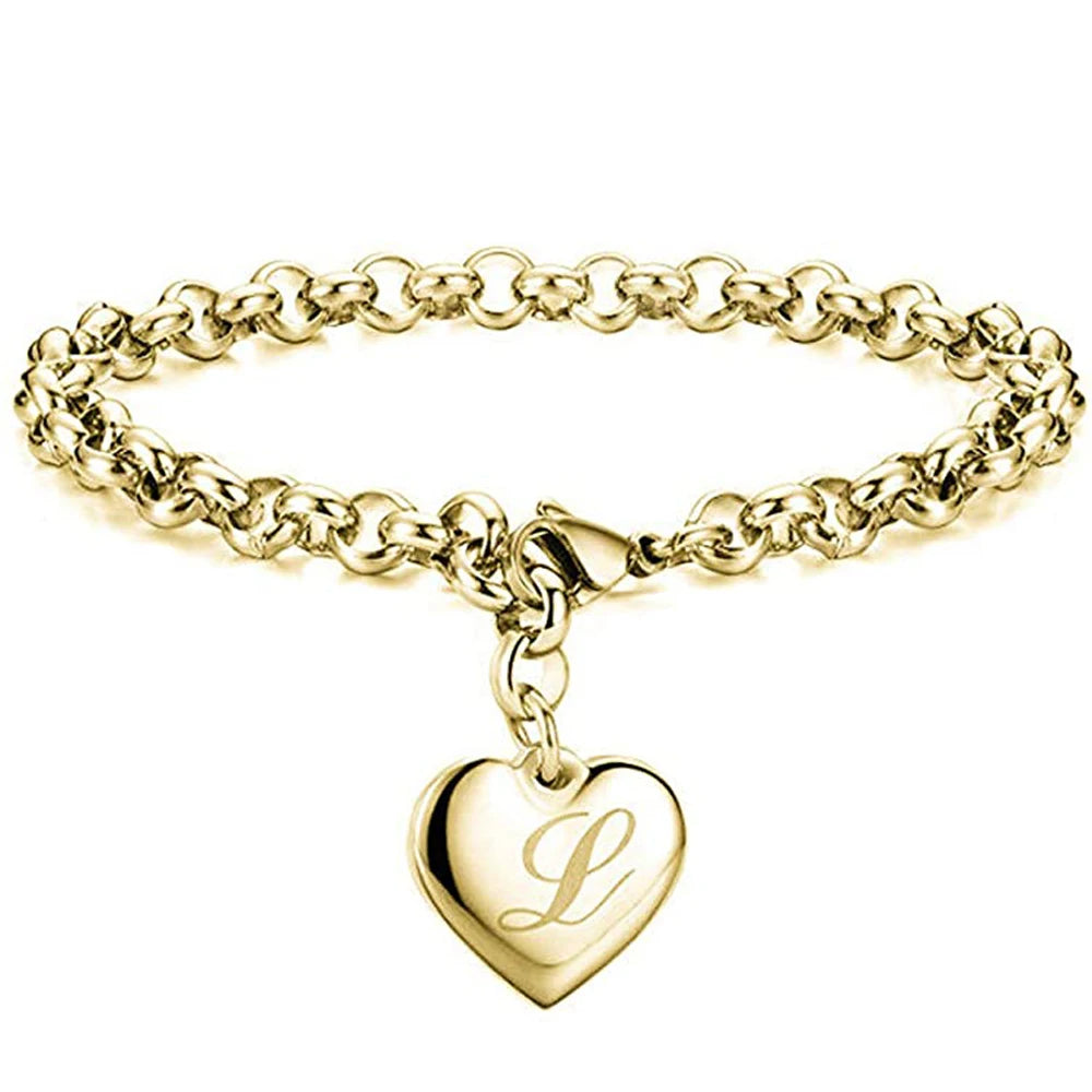 Goldfarbenes A-Z Initialen-Herzarmband für Damen – Edelstahl Gliederarmband mit 26 Gravierten Buchstaben, Personalisiertes Schmuckgeschenk