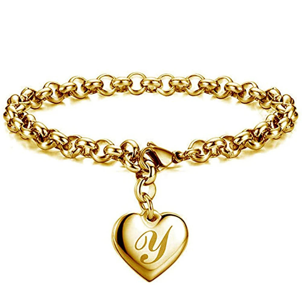 Goldfarbenes A-Z Initialen-Herzarmband für Damen – Edelstahl Gliederarmband mit 26 Gravierten Buchstaben, Personalisiertes Schmuckgeschenk