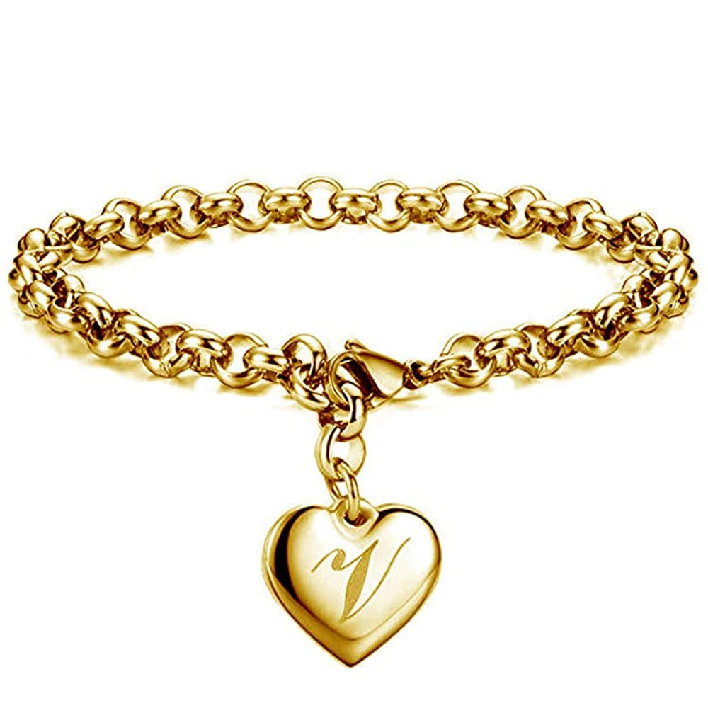 Goldfarbenes A-Z Initialen-Herzarmband für Damen – Edelstahl Gliederarmband mit 26 Gravierten Buchstaben, Personalisiertes Schmuckgeschenk