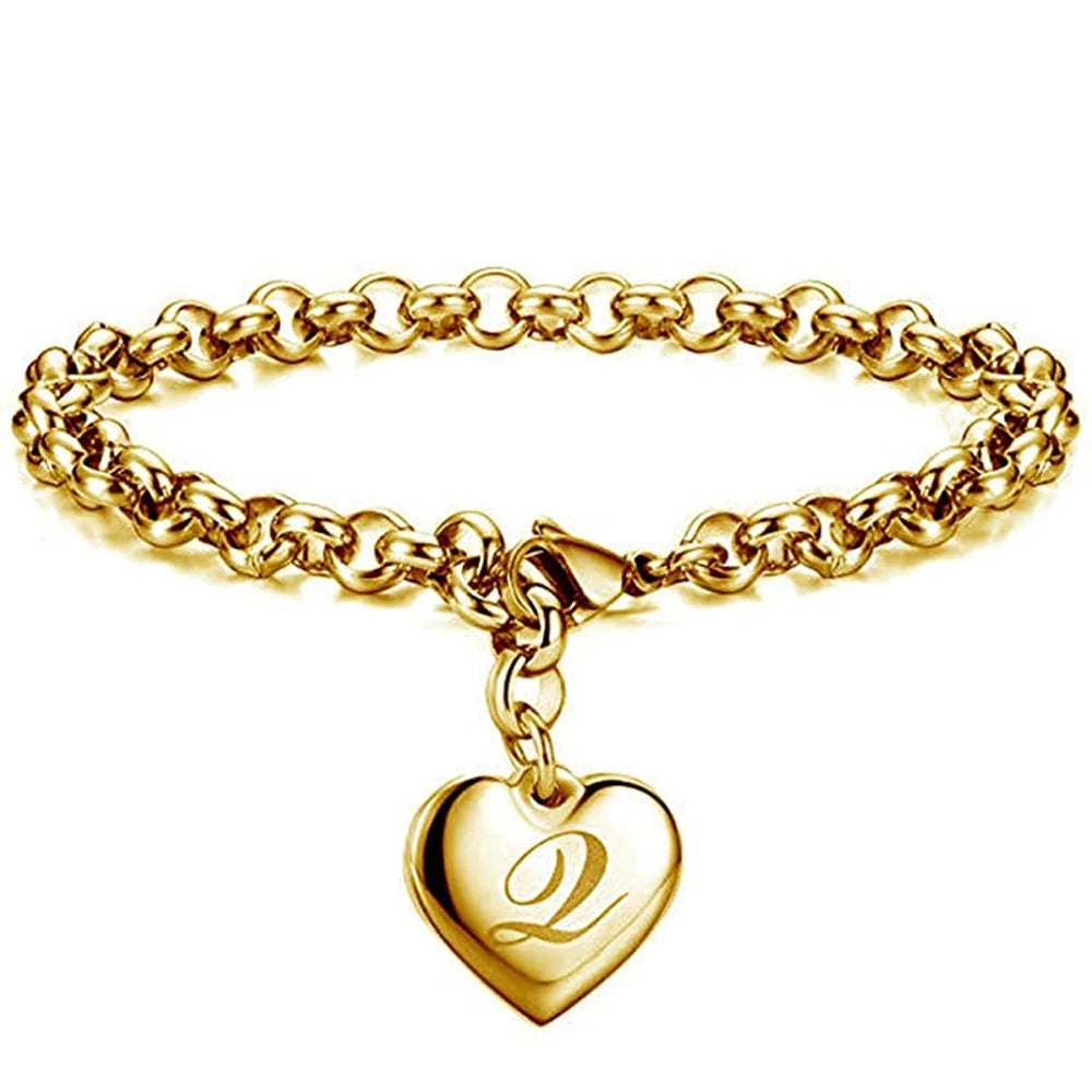 Goldfarbenes A-Z Initialen-Herzarmband für Damen – Edelstahl Gliederarmband mit 26 Gravierten Buchstaben, Personalisiertes Schmuckgeschenk