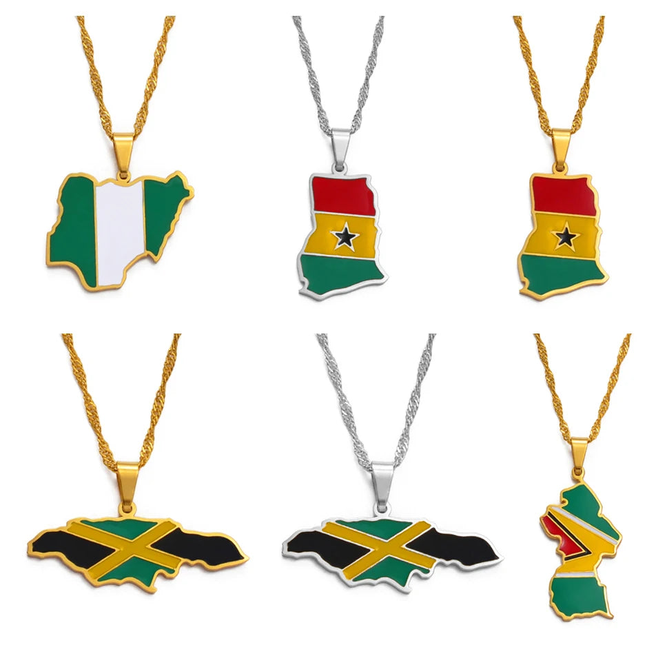 Bunte Nigeria, Ghana, Jamaika & Guyana Landkarten-Flaggen-Halskette – Edelstahl & Emaille Länder-Anhänger für Damen & Herren