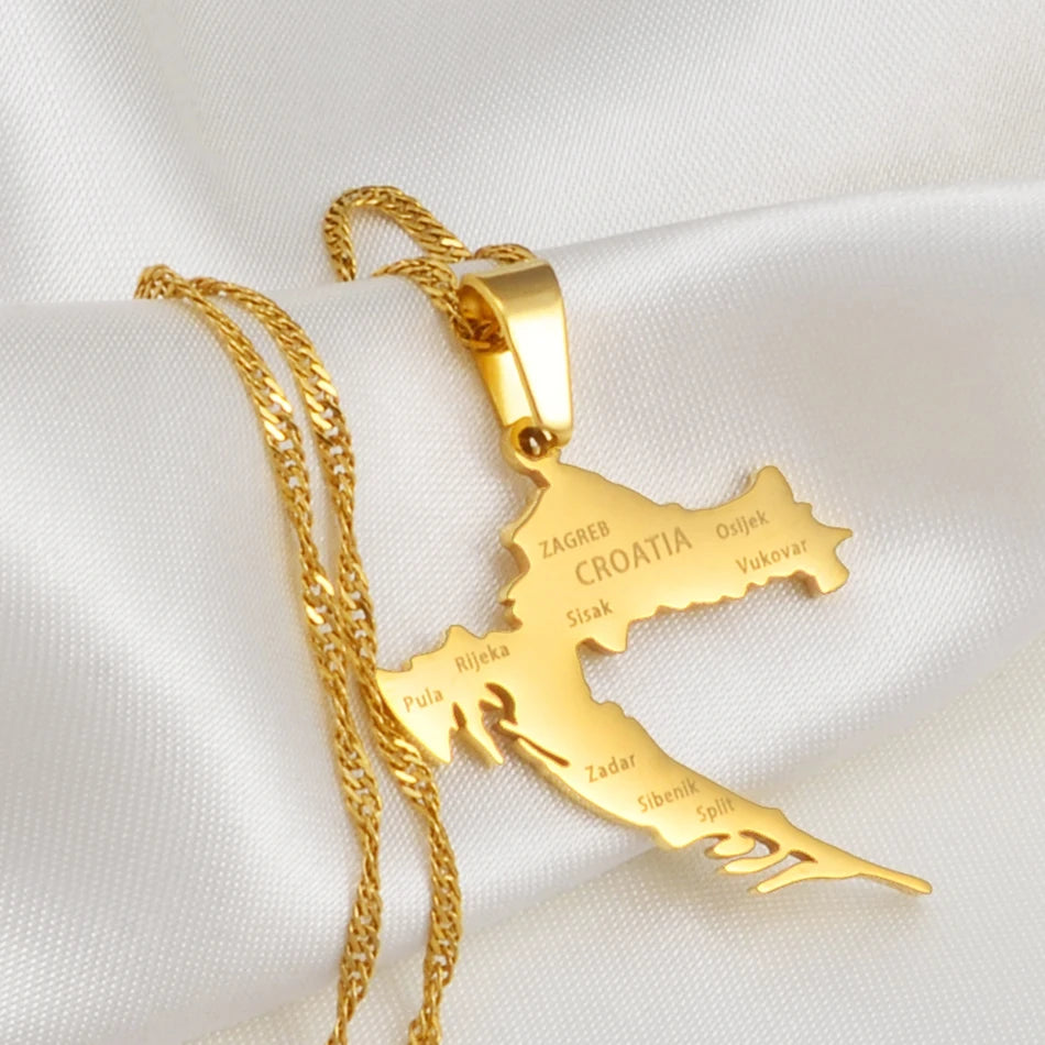 Kroatien-Landkarte mit Städten Halskette – Goldfarbener Edelstahl Kroatien-Karten-Anhänger, Heimat- & Kulturschmuck