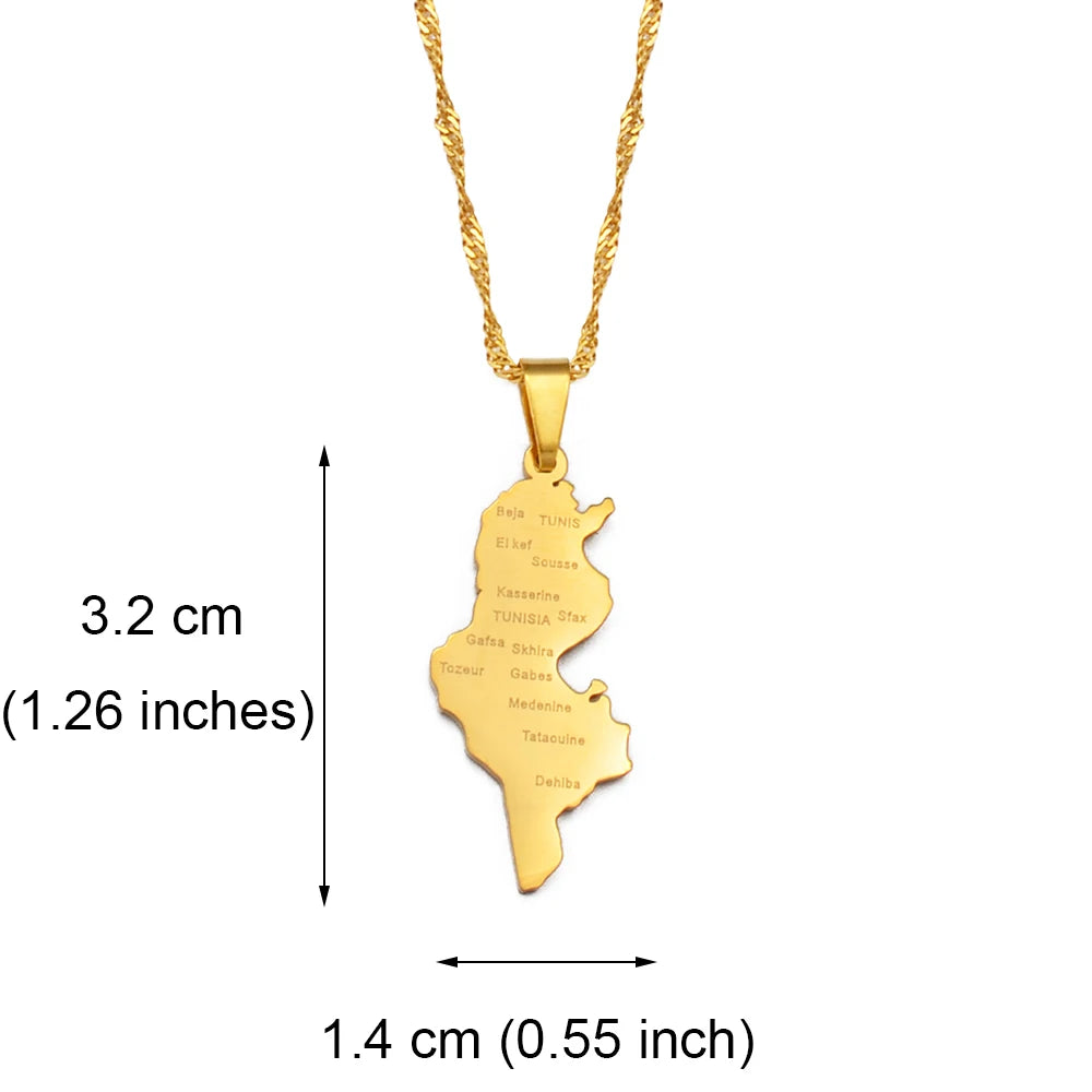 Tunesien Landkarte mit Städten Halskette für Damen – Gold- & Silberfarbener Tunesischer Karten-Anhänger, Heimat-, Kultur- & Reiseschmuck