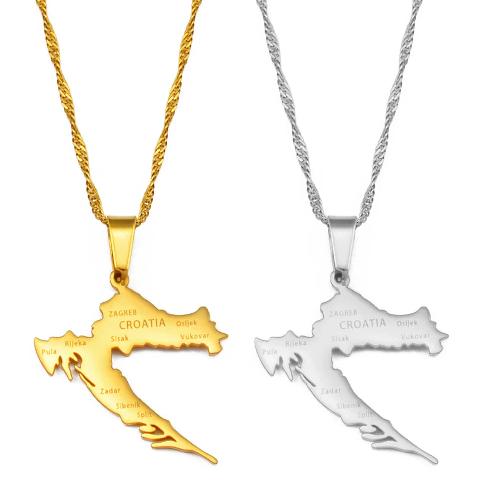 Kroatien-Landkarte mit Städten Halskette – Goldfarbener Edelstahl Kroatien-Karten-Anhänger, Heimat- & Kulturschmuck