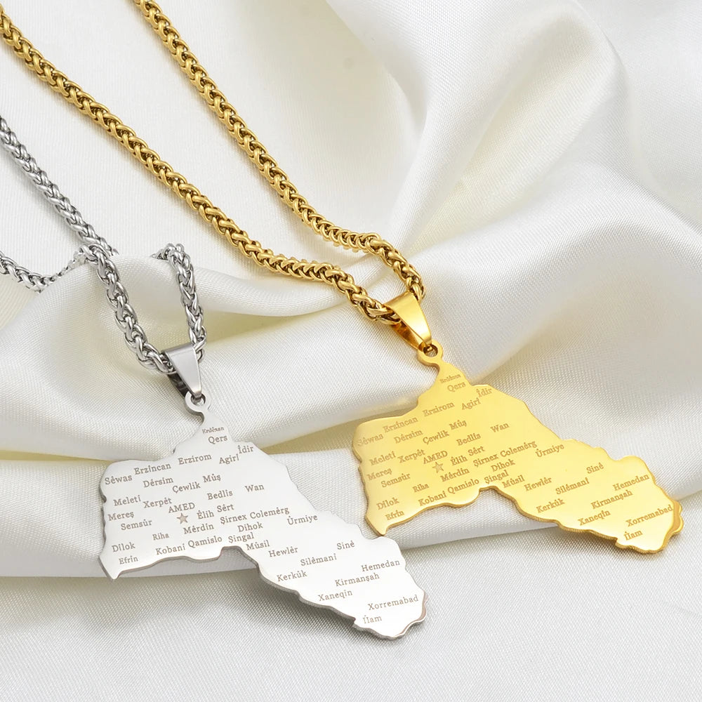 Kurdistan-Karten Flaggen-Halskette – Gold- & Silberfarbene Kurdistan-Halskette
