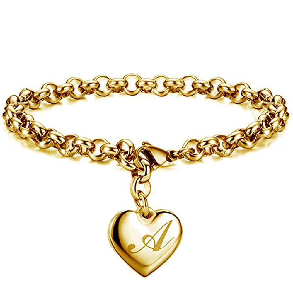 Goldfarbenes A-Z Initialen-Herzarmband für Damen – Edelstahl Gliederarmband mit 26 Gravierten Buchstaben, Personalisiertes Schmuckgeschenk