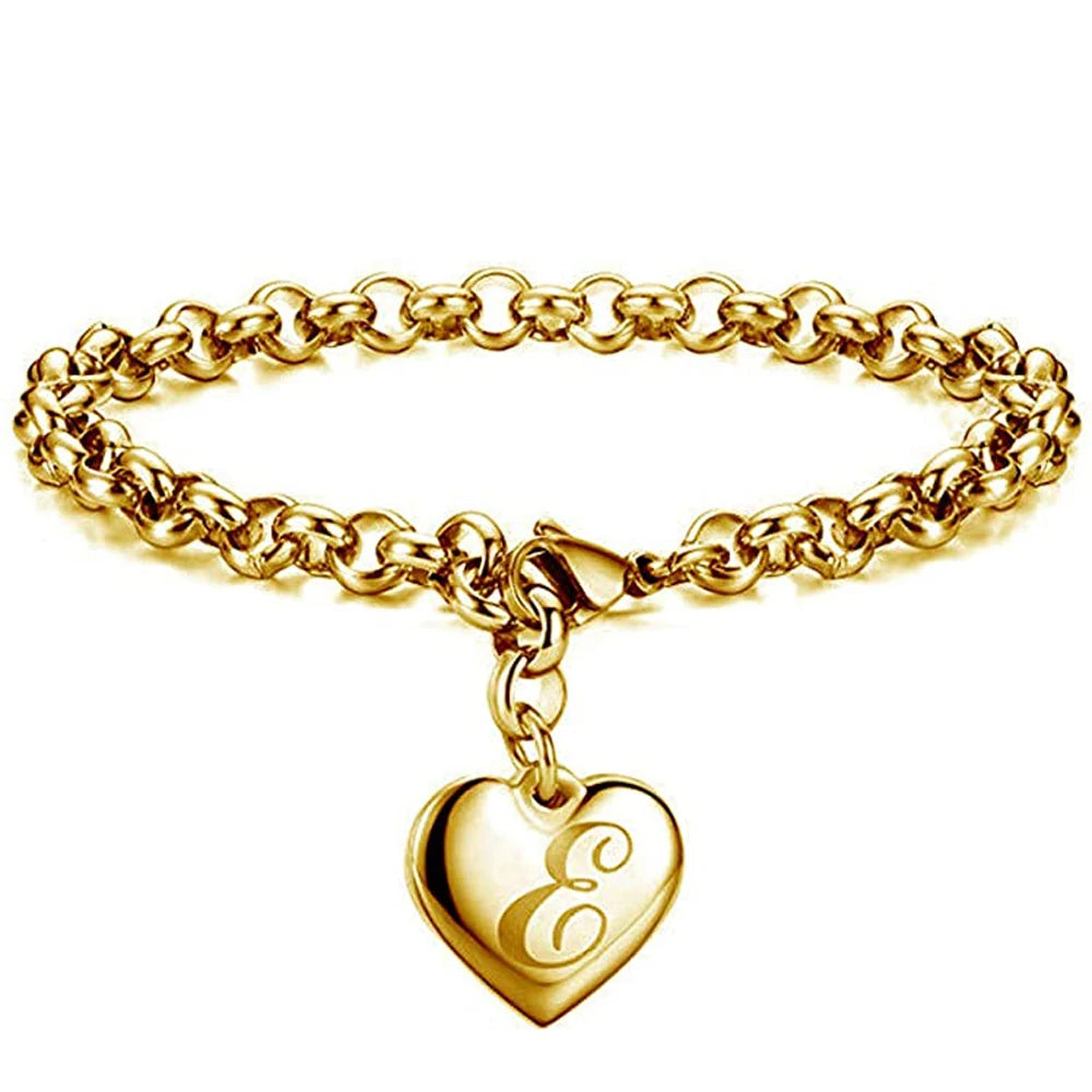 Goldfarbenes A-Z Initialen-Herzarmband für Damen – Edelstahl Gliederarmband mit 26 Gravierten Buchstaben, Personalisiertes Schmuckgeschenk