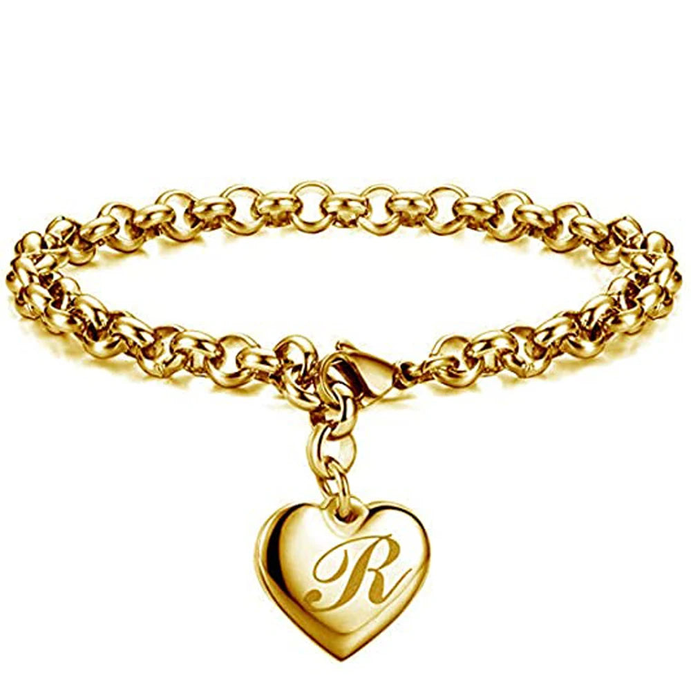 Goldfarbenes A-Z Initialen-Herzarmband für Damen – Edelstahl Gliederarmband mit 26 Gravierten Buchstaben, Personalisiertes Schmuckgeschenk