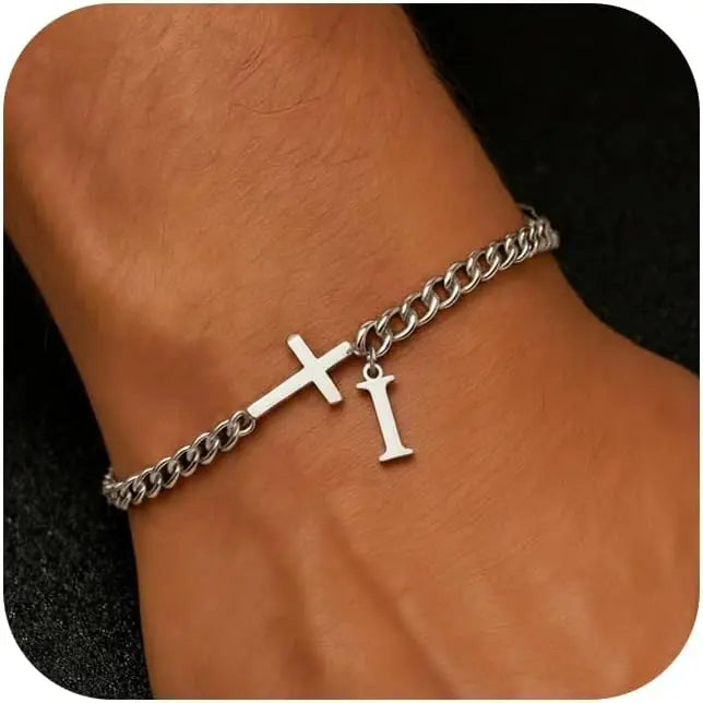 Herren Kreuz-Panzerarmband mit Initiale – A–Z Edelstahl-Armband als Glaubensschmuck
