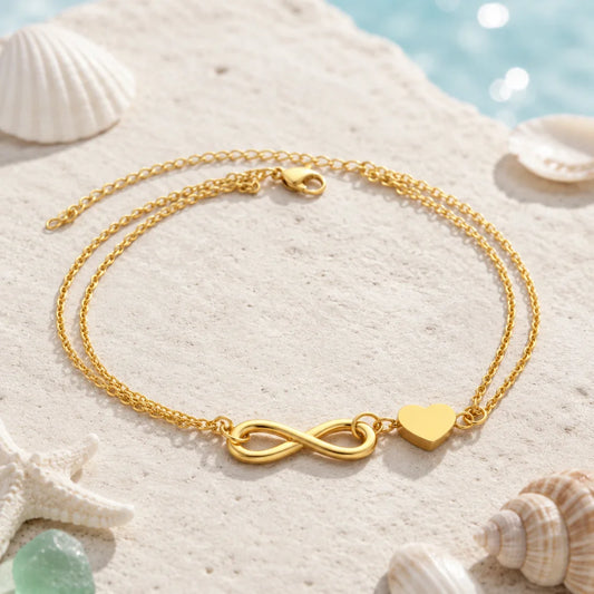 Doppeltes Infinity-Herz-Fußkettchen für Damen – Vergoldeter Edelstahl Verstellbare Fußkette