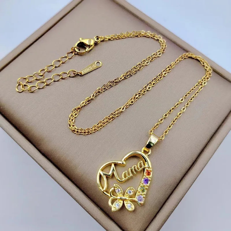 Mehrfarbige Kristall-Herz MAMA Halskette für Damen – Edelstahl Mama-Schriftzug & Schmetterling-Anhänger, Muttertagsgeschenk