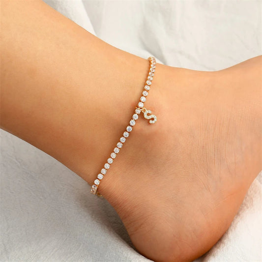 A–Z Initialen-Zirkon-Fußkettchen für Damen – Kristall Cuban-Link Personalisierte Fußkette