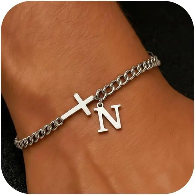 Herren Kreuz-Panzerarmband mit Initiale – A–Z Edelstahl-Armband als Glaubensschmuck