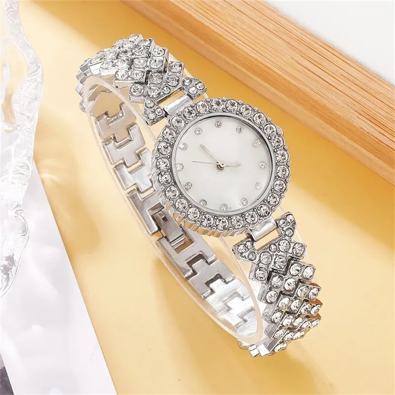 Elegante Damen-Armbanduhr mit Ring, Halskette, Ohrringen & Armband – Funkelndes Schmuckset mit Strasssteinen