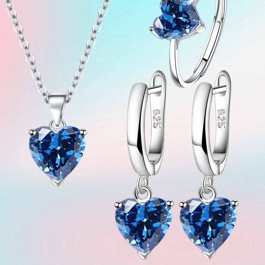 Romantisches Herz-Schmuckset für Damen – Silberfarbene Zirkon-Halskette, Creolen & Ring