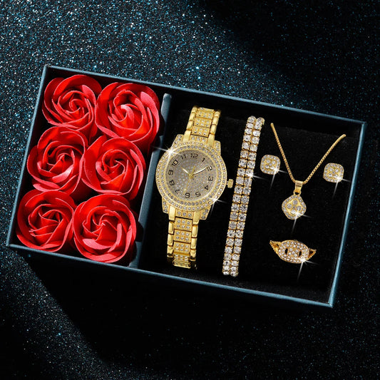 6-teiliges Damen-Uhren- & Schmuckset – Strass-Halskette, Ohrringe, Ring & Armband als Geschenkset