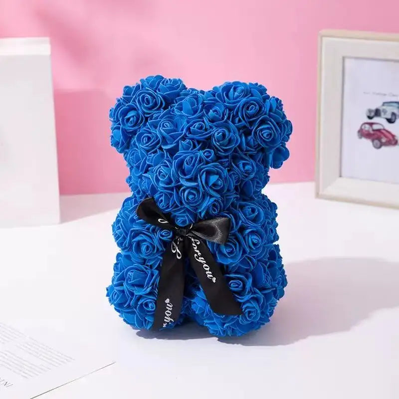 25cm Rosen-Teddybär mit Geschenkbox – Romantischer Kunstrosen-Bär zum Valentinstag oder besonderem Anlass