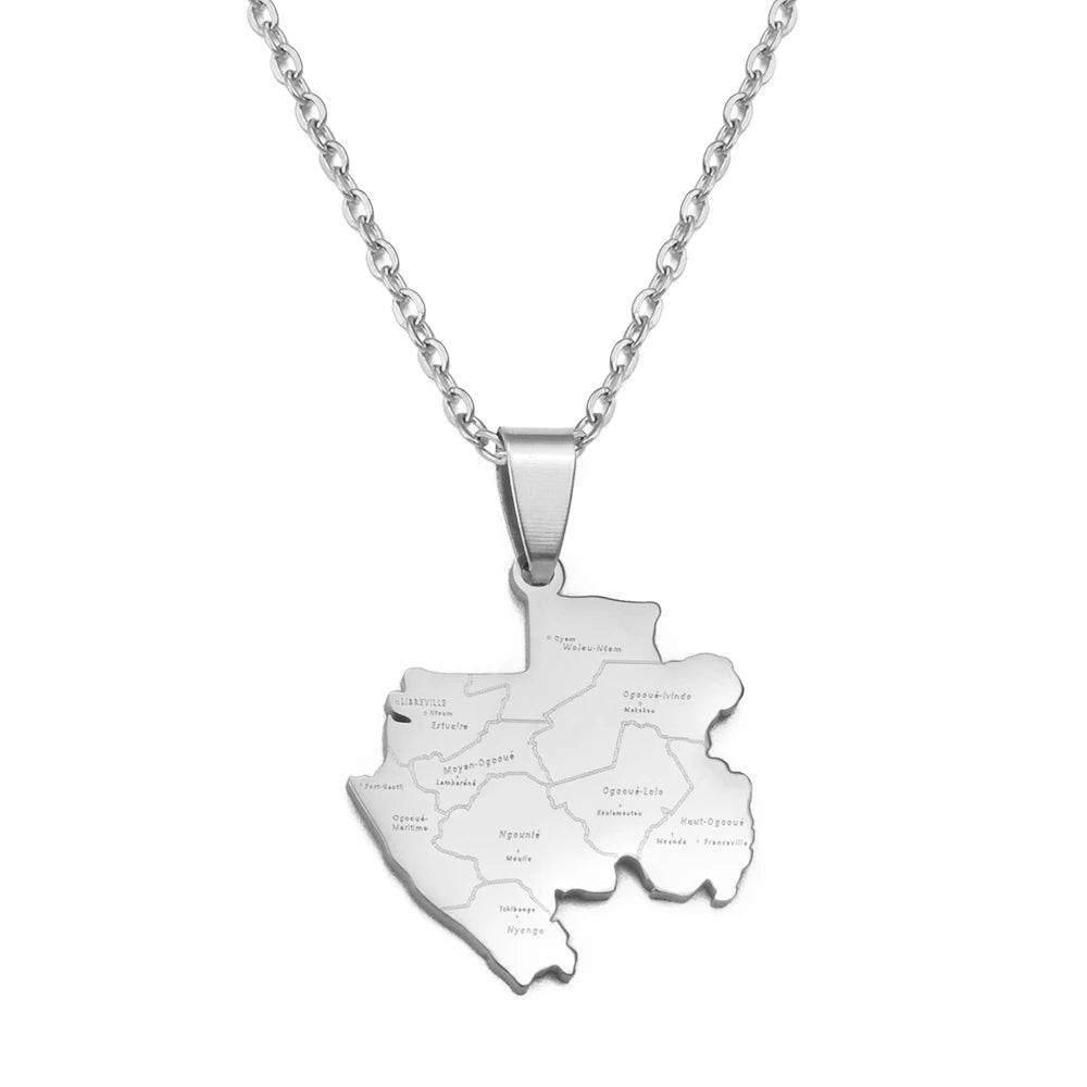 Gabun-Landkarte mit Städten Halskette – Edelstahl Gabunischer Länder-Karten-Anhänger, Heimat-, Kultur- & Reiseschmuck für Damen & Herren