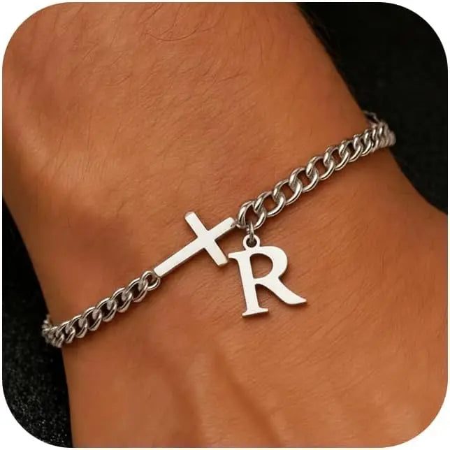 Herren Kreuz-Panzerarmband mit Initiale – A–Z Edelstahl-Armband als Glaubensschmuck