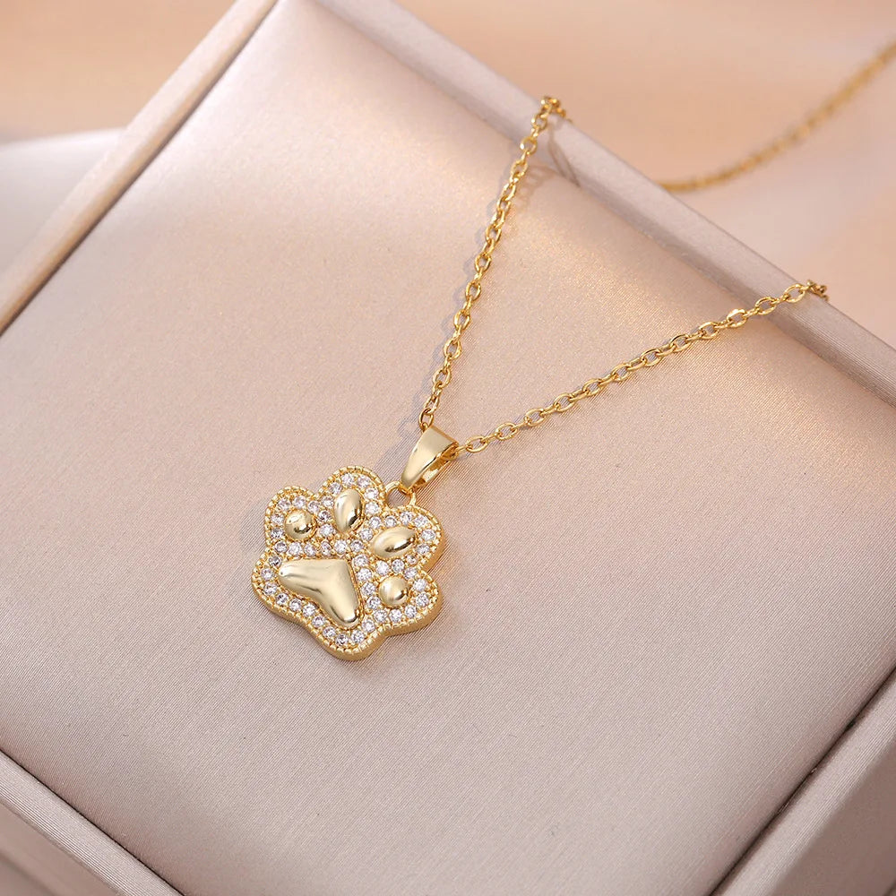 Goldfarbene Katzenpfoten-Zirkonia-Halskette für Damen – Edelstahl Tierpfoten-Anhänger, Farbbeständiger Koreanischer Trend-Schmuck