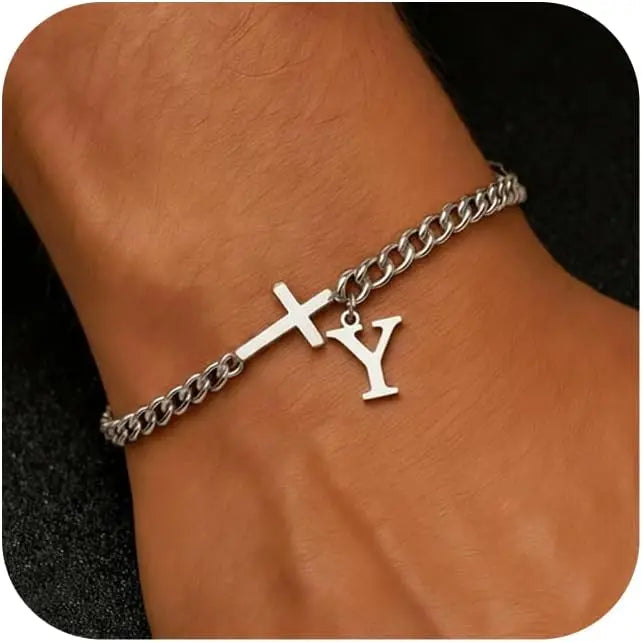 Herren Kreuz-Panzerarmband mit Initiale – A–Z Edelstahl-Armband als Glaubensschmuck
