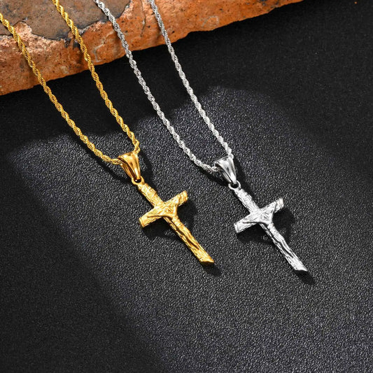 Katholische Kreuz-Halskette – Edelstahl-Anhänger mit Gedrehter Kette in Gold & Silber für Damen und Herren