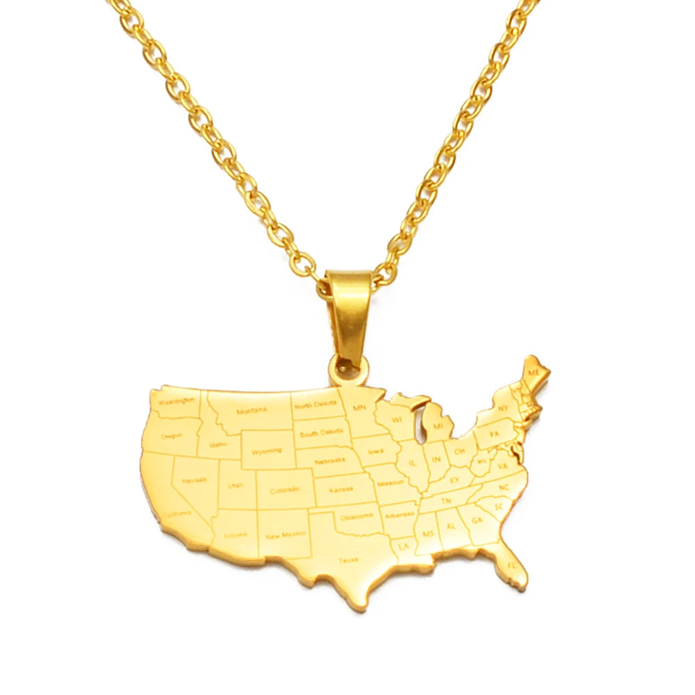 USA-Landkarte mit Bundesstaaten Halskette für Damen & Herren – Vereinigte Staaten Karten-Anhänger, Amerika Heimat- & Reiseschmuck