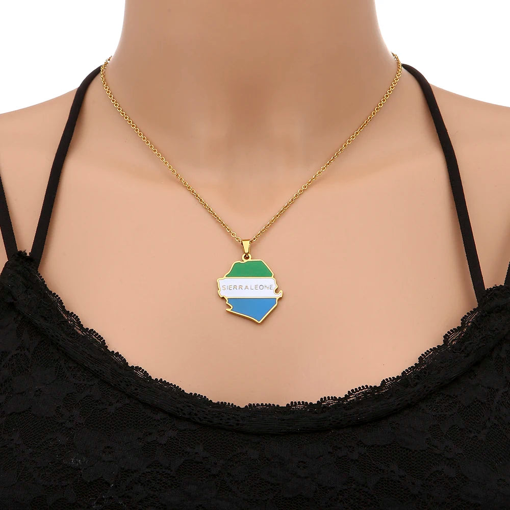 Sierra-Leone-Karten- & Flaggen-Halskette – Edelstahl-Anhänger in Gold- oder Silberfarbe