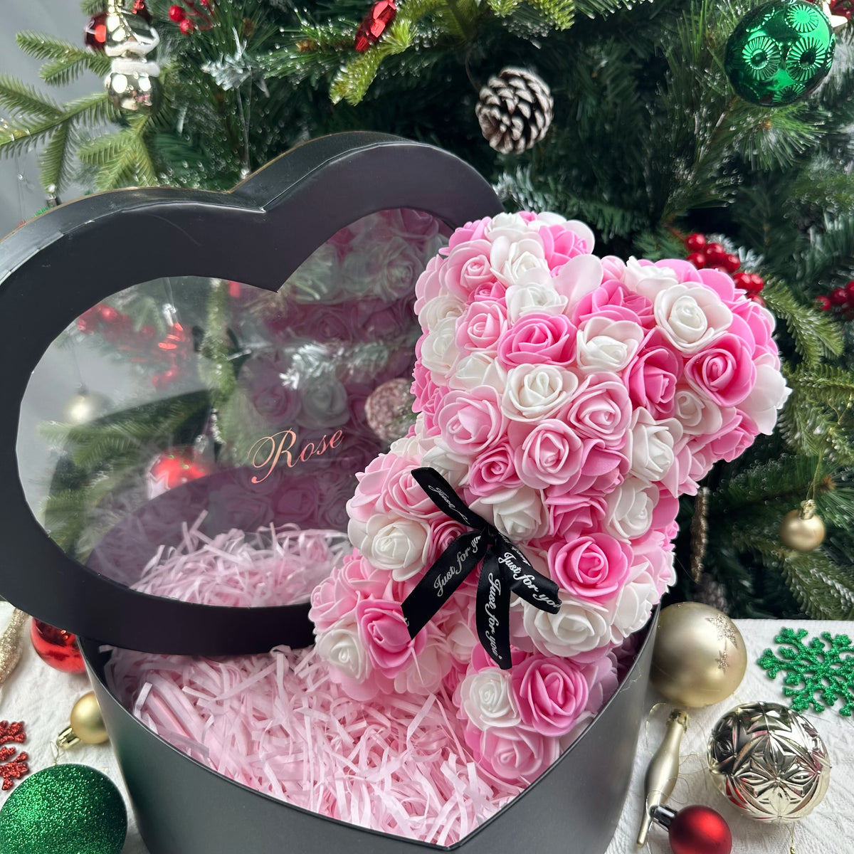 25cm Rosen-Teddybär mit Geschenkbox – Romantischer Kunstrosen-Bär zum Valentinstag oder besonderem Anlass