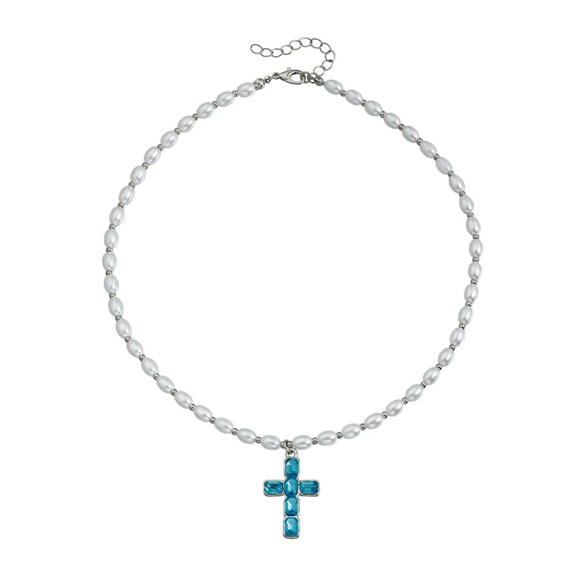 Kreuz-Halskette mit Rosa Zirkon & Ovaler Perle – Eleganter Damen-Schmuck als Geschenk