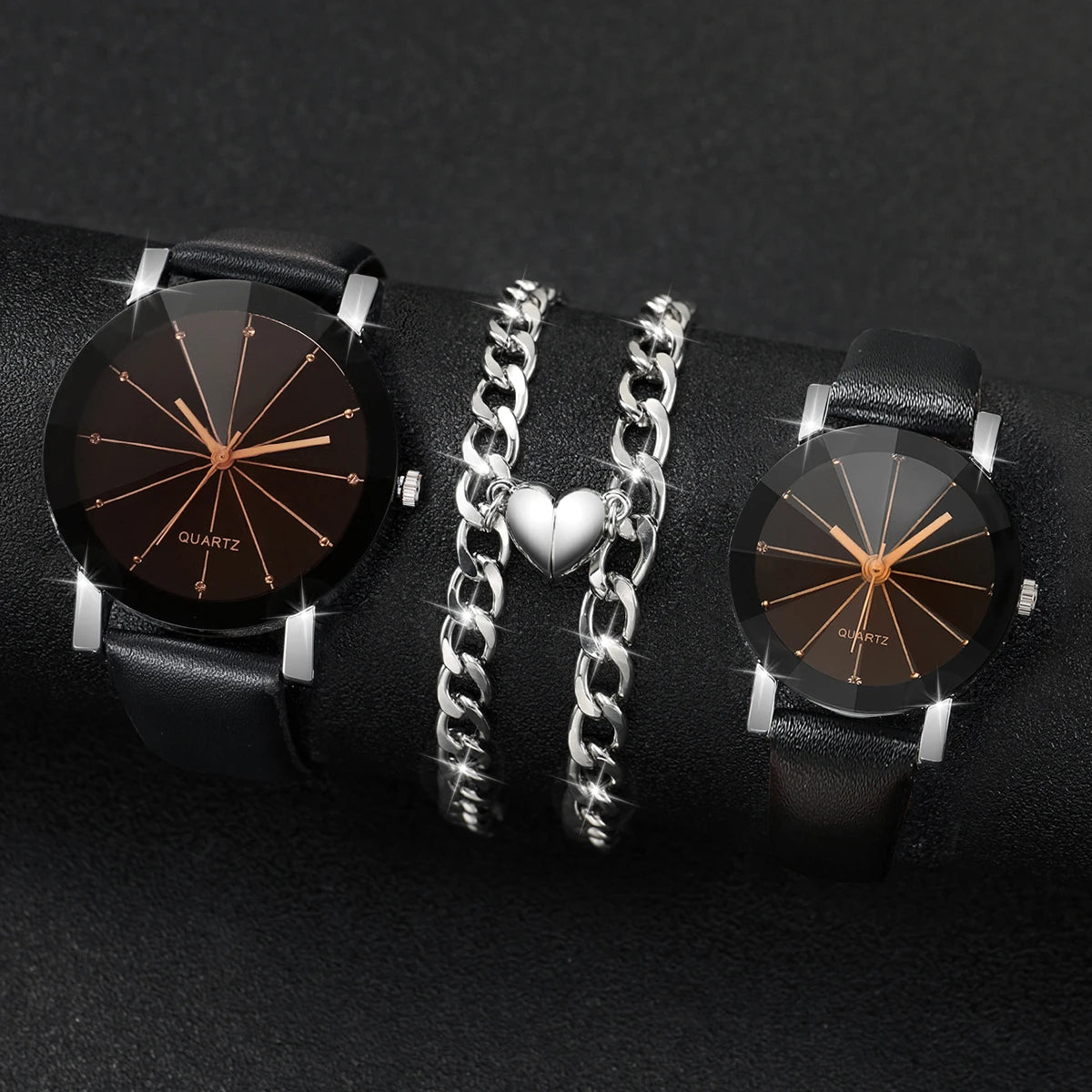 Partner-Quarzuhren mit Strasssteinen, Lederarmbändern & Magnetischen Herzarmbändern – Passendes Uhren- und Schmuckset