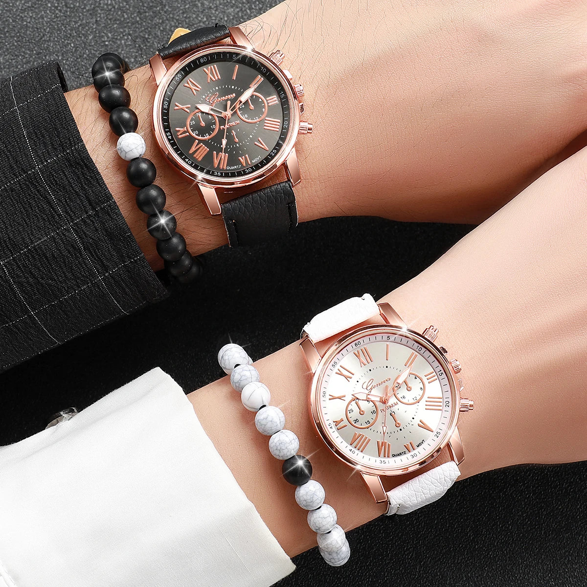 Modische Partner-Armbanduhren mit Römischen Ziffern, Quarzwerk & Lederarmbändern – Passendes Uhren- und Armbandset für Paare