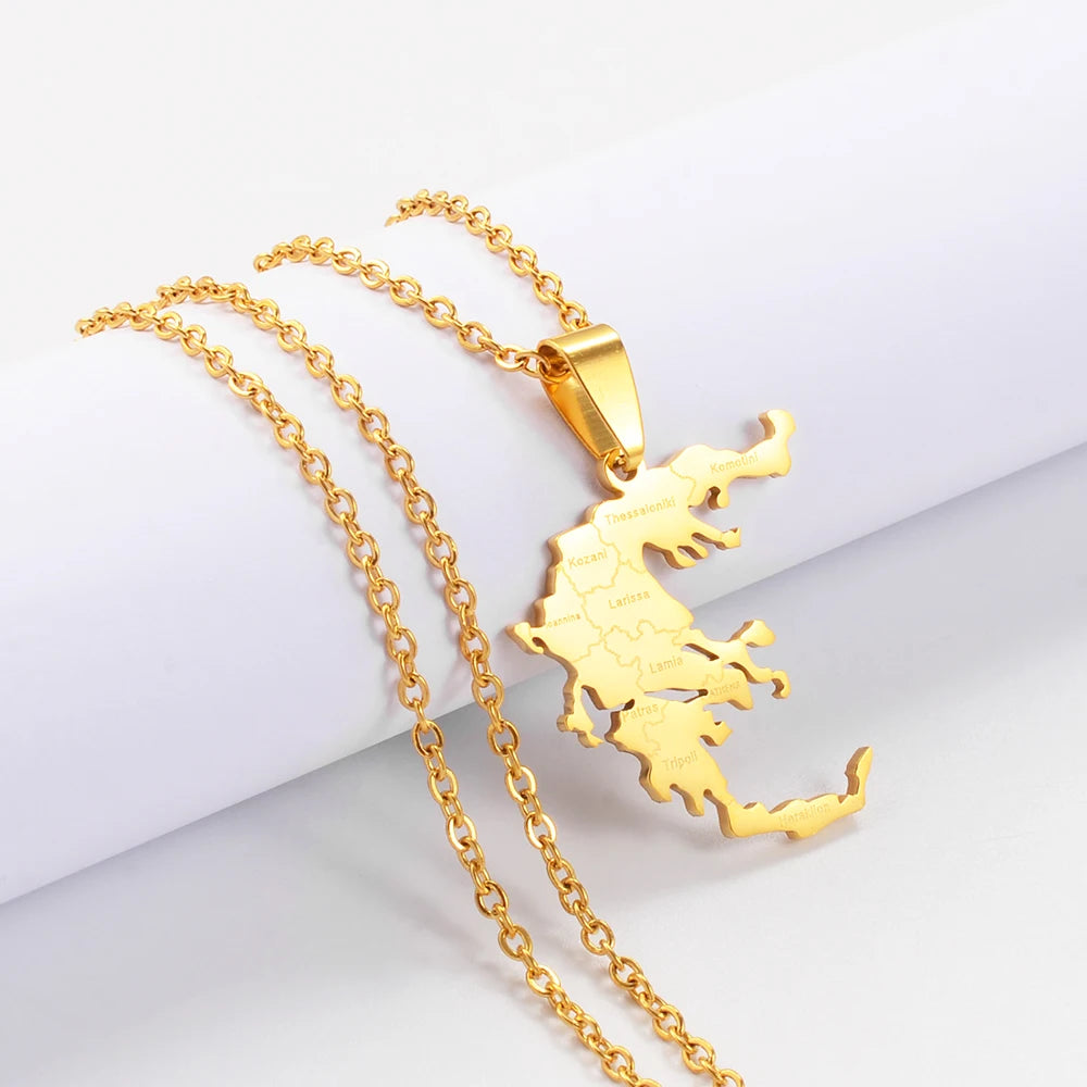Griechenland-Landkarte mit Städten Halskette – Gold- & Silberfarbener Länder-Anhänger, Griechischer Heimat- & Kulturschmuck für Damen & Herren