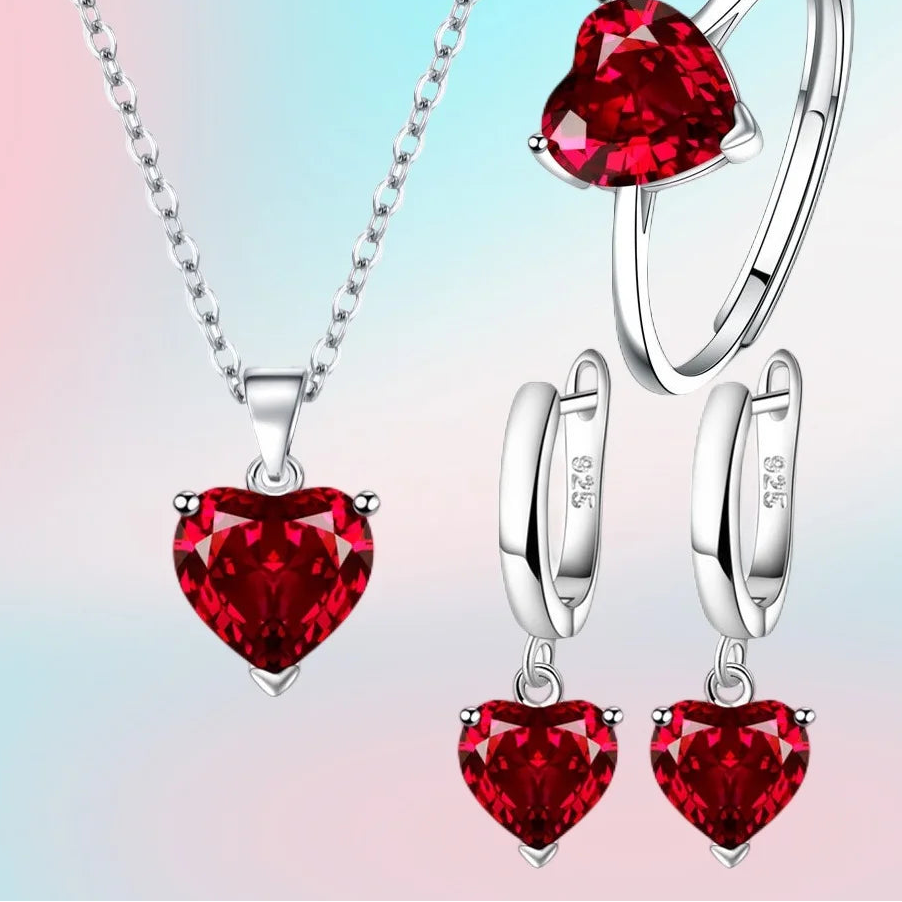 Romantisches Herz-Schmuckset für Damen – Silberfarbene Zirkon-Halskette, Creolen & Ring