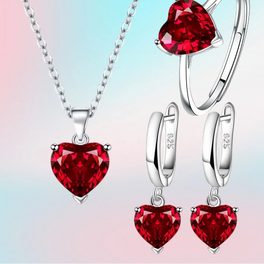 Romantisches Herz-Schmuckset für Damen – Silberfarbene Zirkon-Halskette, Creolen & Ring