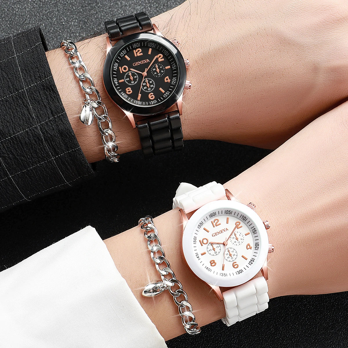 Partner-Armbanduhren mit Quarzwerk, Silikonarmbändern & Herzarmbändern – Passendes Uhren- und Schmuckset für Paare