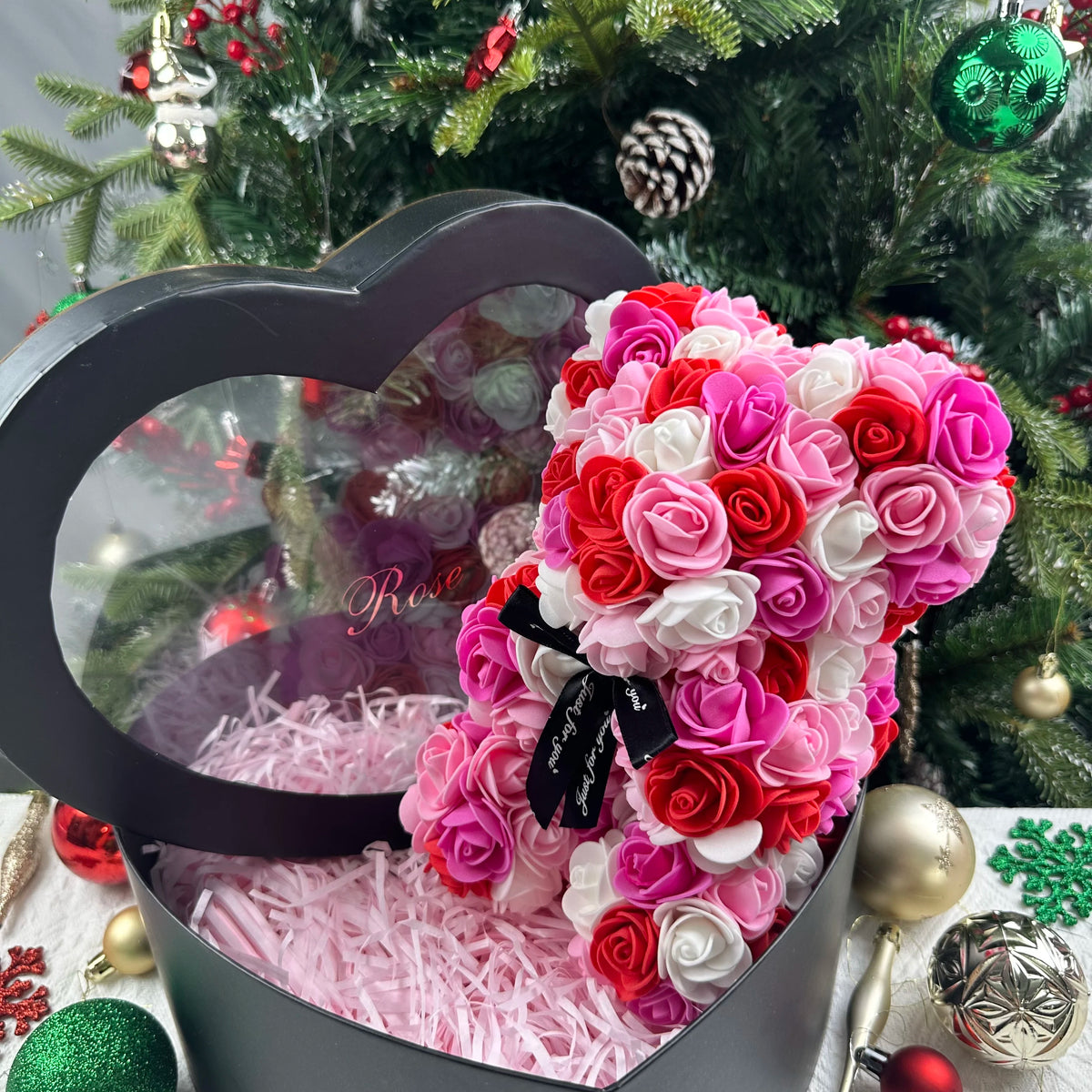 25cm Rosen-Teddybär mit Geschenkbox – Romantischer Kunstrosen-Bär zum Valentinstag oder besonderem Anlass
