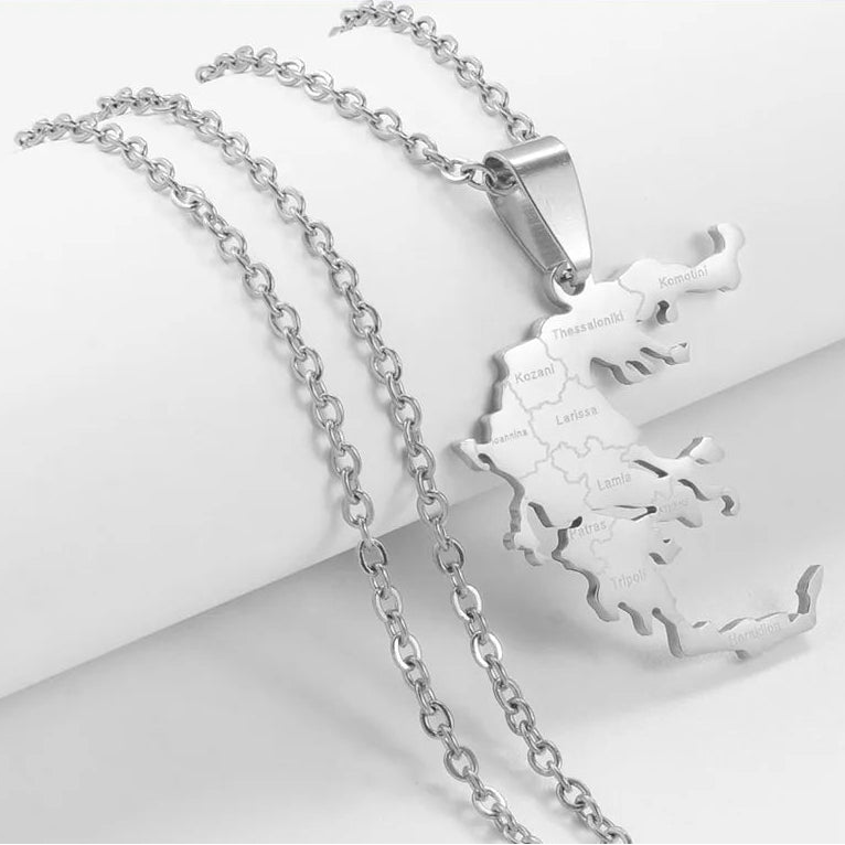 Griechenland-Landkarte mit Städten Halskette – Gold- & Silberfarbener Länder-Anhänger, Griechischer Heimat- & Kulturschmuck für Damen & Herren