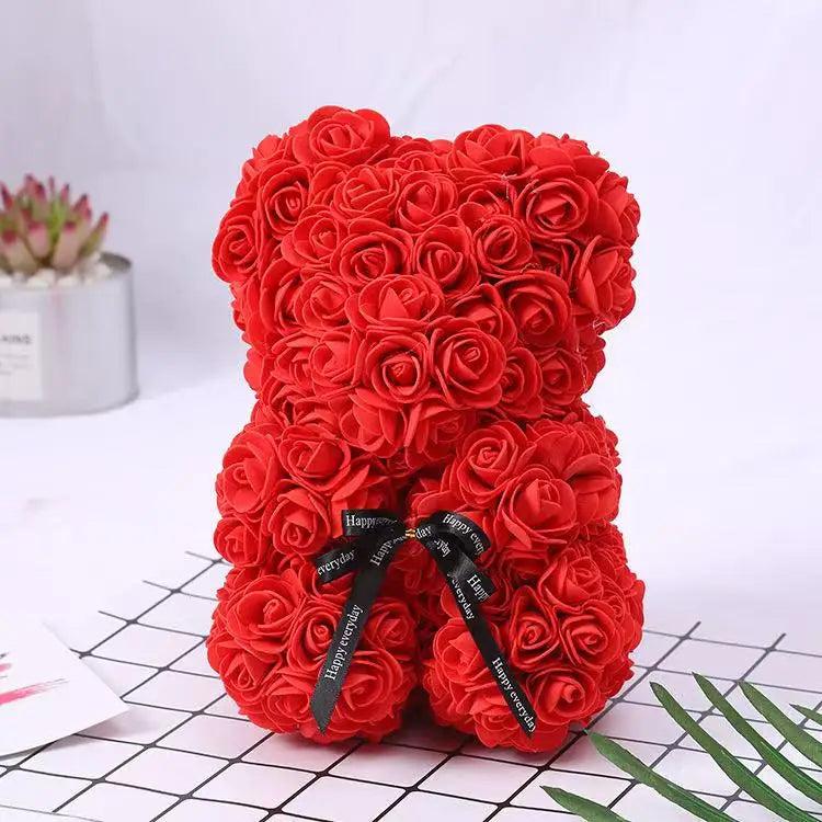 25cm Rosen-Teddybär mit Geschenkbox – Romantischer Kunstrosen-Bär zum Valentinstag oder besonderem Anlass