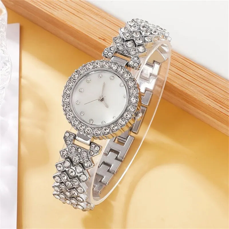 Elegante Damen-Armbanduhr mit Ring, Halskette, Ohrringen & Armband – Funkelndes Schmuckset mit Strasssteinen