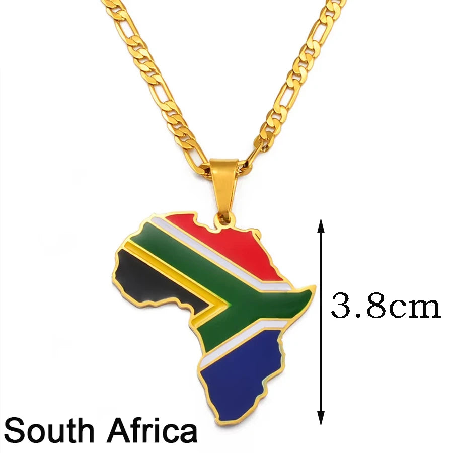 3,8CM Süd-Sudan, Côte d’Ivoire & Südafrika Landkarten-Flaggen-Halskette – Afrikanischer Schmuck für Damen & Herren