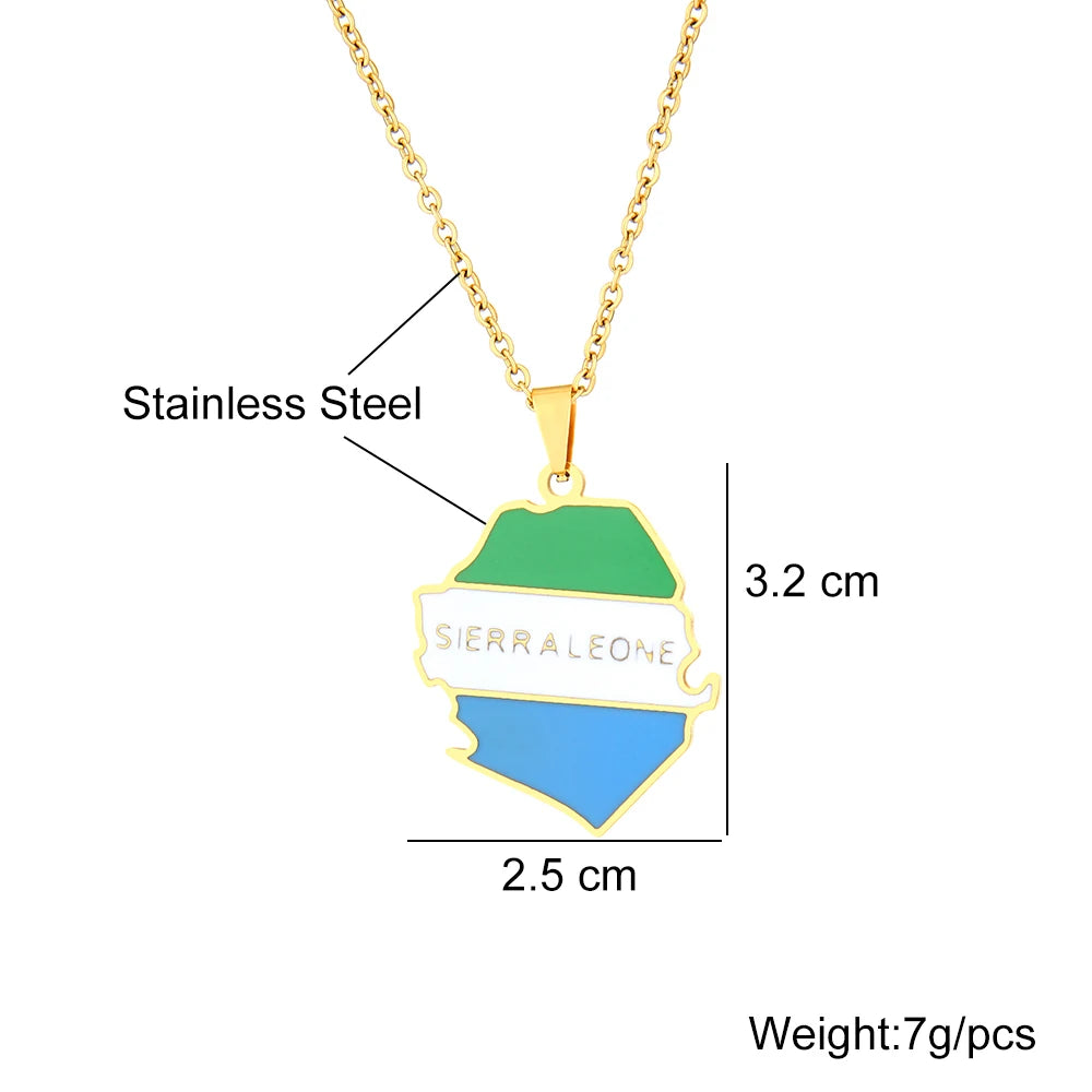 Sierra-Leone-Karten- & Flaggen-Halskette – Edelstahl-Anhänger in Gold- oder Silberfarbe