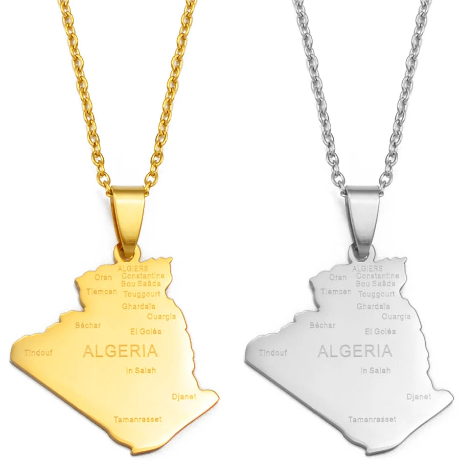 Algerien-Landkarte mit Städten Halskette – Algerischer Länder-Karten-Anhänger mit Kette, Heimat-, Kultur- & Reiseschmuck