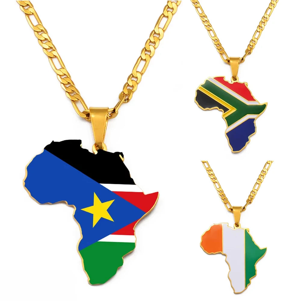 3,8CM Süd-Sudan, Côte d’Ivoire & Südafrika Landkarten-Flaggen-Halskette – Afrikanischer Schmuck für Damen & Herren
