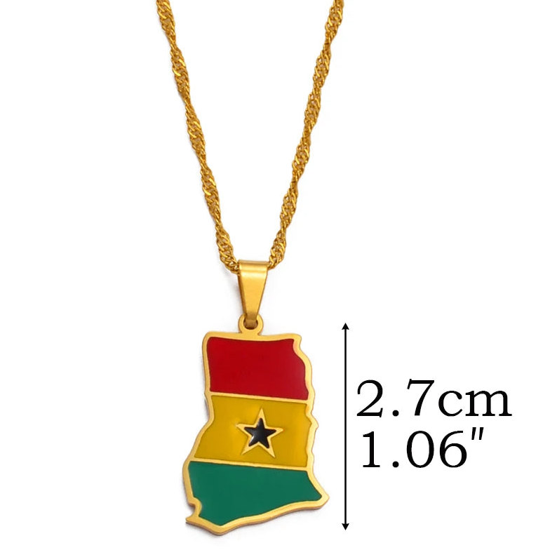 Bunte Nigeria, Ghana, Jamaika & Guyana Landkarten-Flaggen-Halskette – Edelstahl & Emaille Länder-Anhänger für Damen & Herren